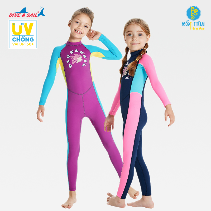Đồ bơi bé gái hiệu Dive and Sail tay dài quần dài chống nắng ngăn tia UV bảo vệ da bé, chất liệu vải mềm mại, mịn màng, bóng đẹp co dãn 4 chiều với chỉ số UPF50+ bé không còn sợ nắng, size từ 10kg đến 30kg cho bé từ 2 tuổi đến 10 tuổi