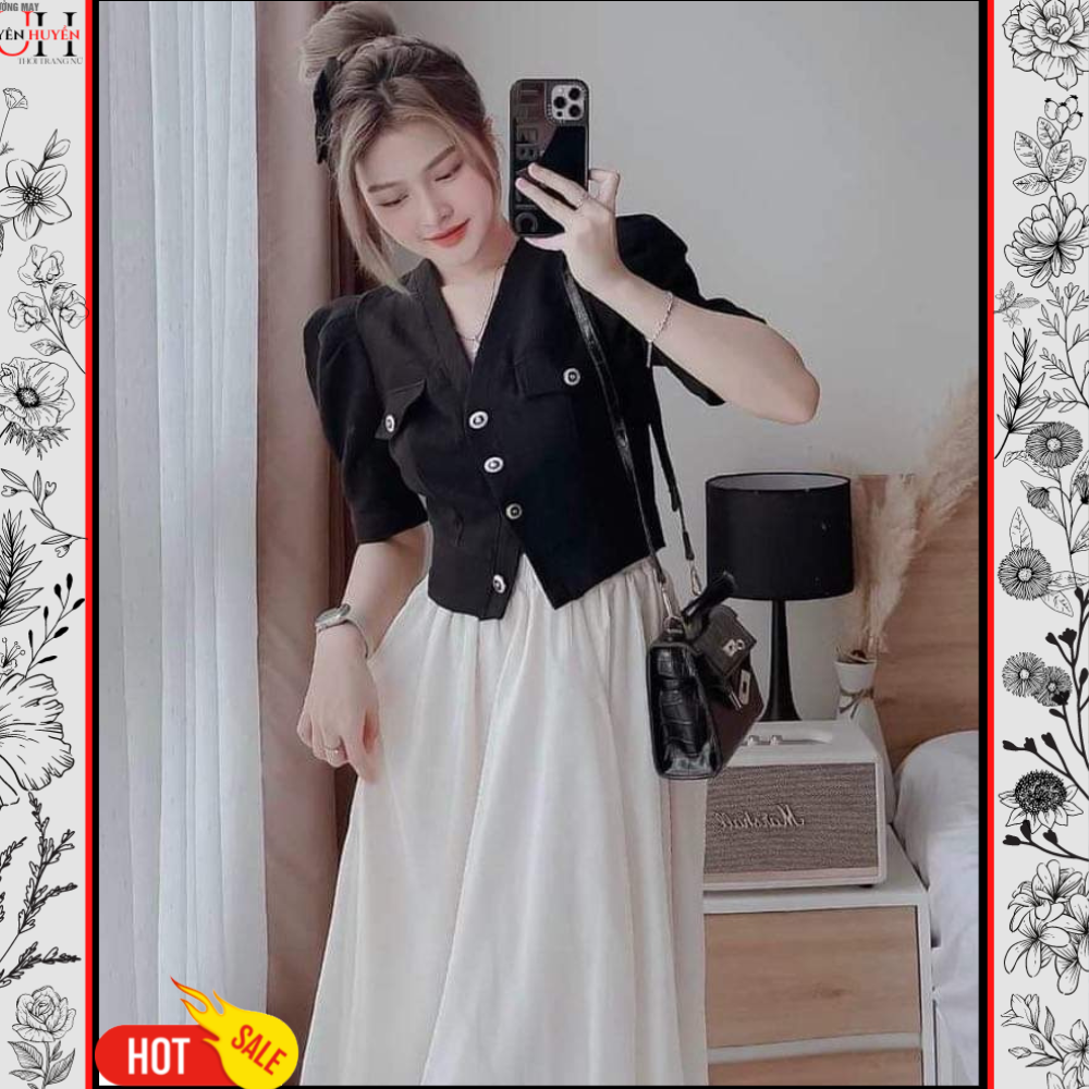 Sét bộ đồ đi chơi áo tay phồng cài nút kèm chân váy dài xinh xắn, Sét bộ đồ nữ kiểu đẹp áo cổ vest có đính nút thật kết hợp chân váy voan, Sét váy thời trang mặc đi chơi, Sét váy trời trang mặc đi tiệc