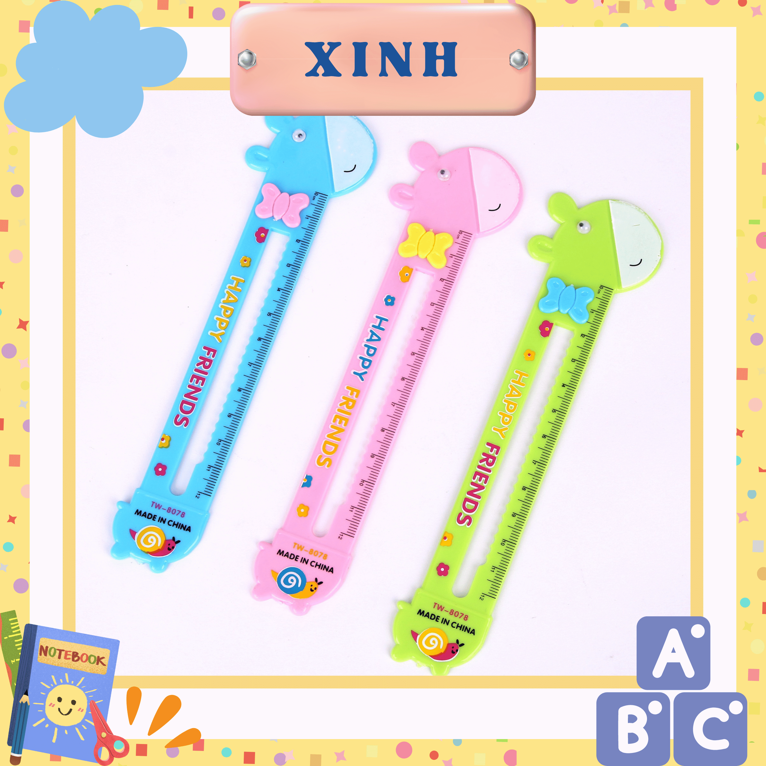 Thước kẻ học sinh 15cm kiểu hươu cao cổ màu xanh, hồng xinh xắn