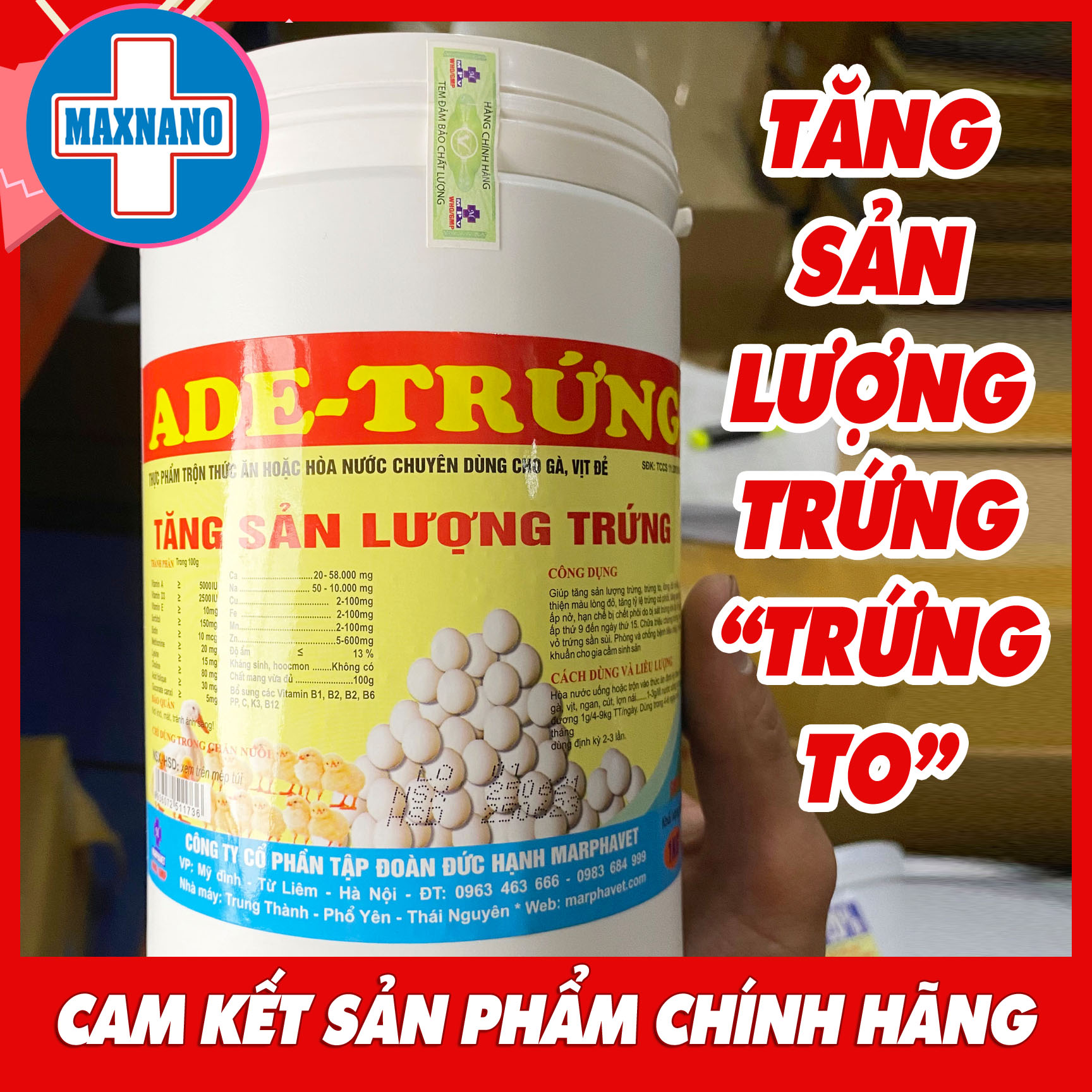 ADE-TRỨNG 1kg Tăng sản lượng trứng, trứng to, kéo dài chu kỳ đẻ trứng trên gia cầm, thủy cầm, gà, vịt, cút đẻ