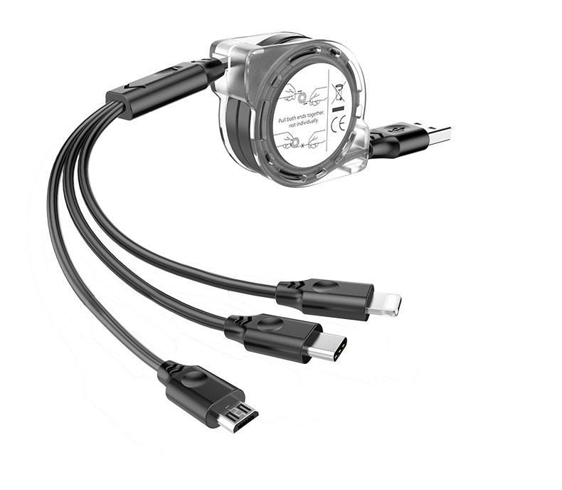 Cáp Sạc 3 đầu, Cáp Sạc đa năng với cuộn dây kéo dài hơn 2m bảo hành 6 tháng