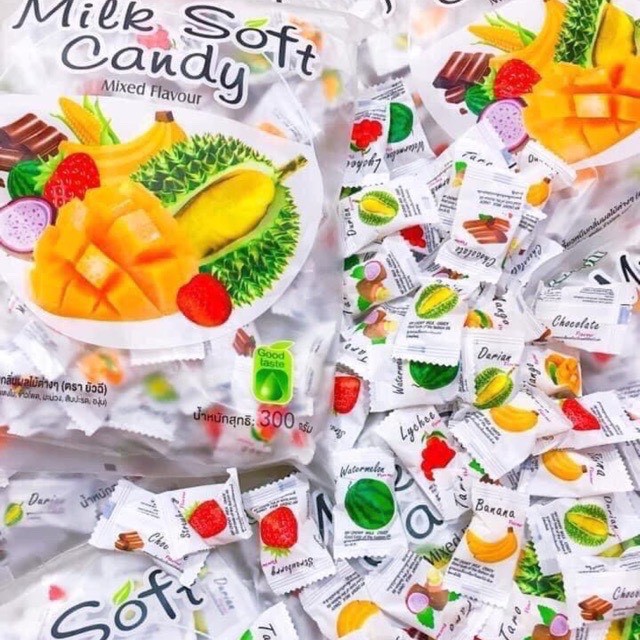 Kẹo dẻo trái cây Thái Lan mix vị,Kẹo Dẻo Milk Soft Candy Trái Cây Thái Lan