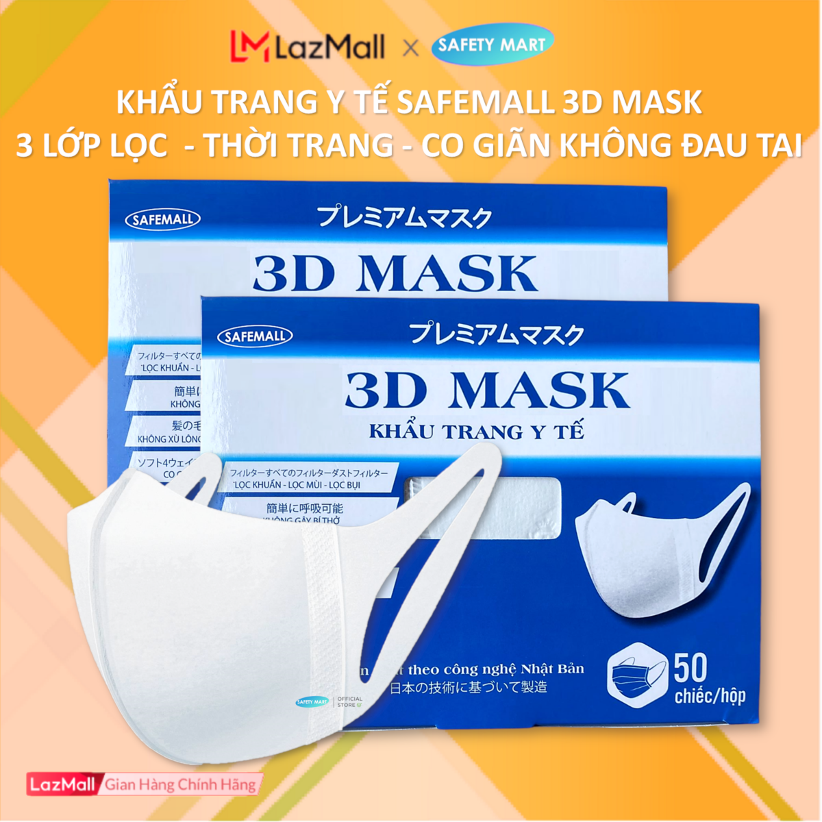 Hộp 50 chiếc Khẩu trang y tế 3D Mask thời trang SafeMall màu trắng, Khẩu trang 3 lớp kháng khuẩn công nghệ nhật Bản Japan Technology, ngăn ngừa bụi mịn, vi khuẩn, ô nhiễm...- Hàng Chính Hãng Safety Mart Official