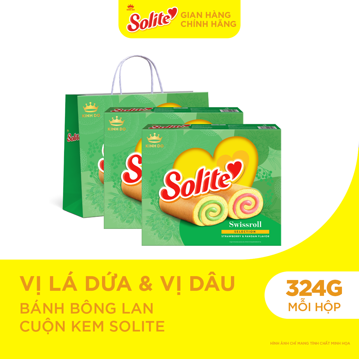 Combo 2 Hộp Bánh Bông Lan Solite Tết 2026 Cuộn Kem Vị Lá Dứa  Vị Dâu 324g