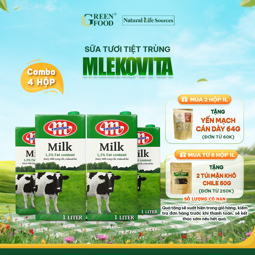  Combo 4 Hộp Sữa Tươi Tiệt Trùng Mlekovita Ít Béo Không Đường 1L -  Nhập khẩu chính hãng từ Ba Lan phù hợp với người ăn kiêng giảm cân. 