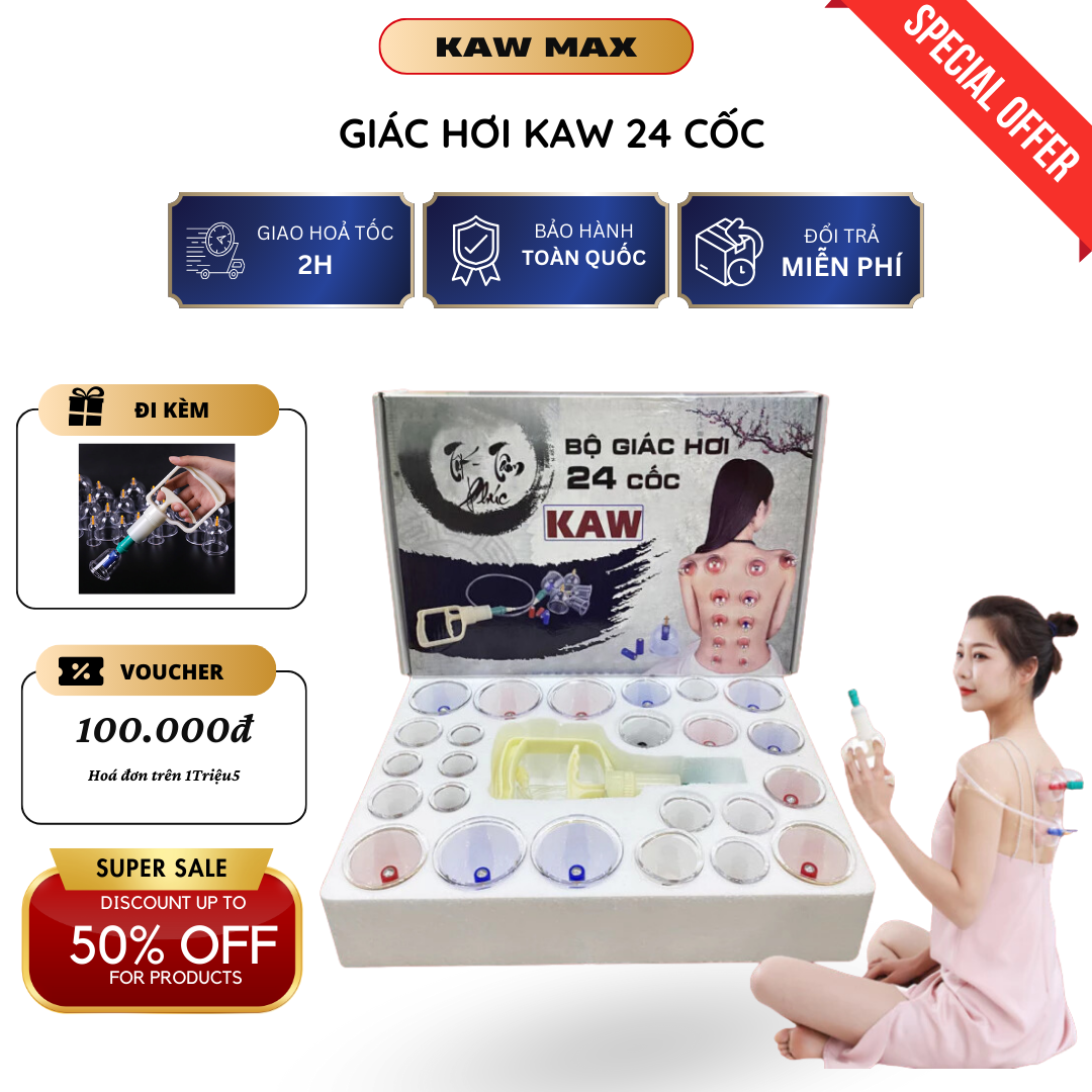  Bộ giác hơi chân không KAW Không Dùng Lửa Nhựa Nguyên Sinh 24 Cốc Bền Bỉ An Toàn Cho Sức Khỏe giúp giải độc cơ thể 