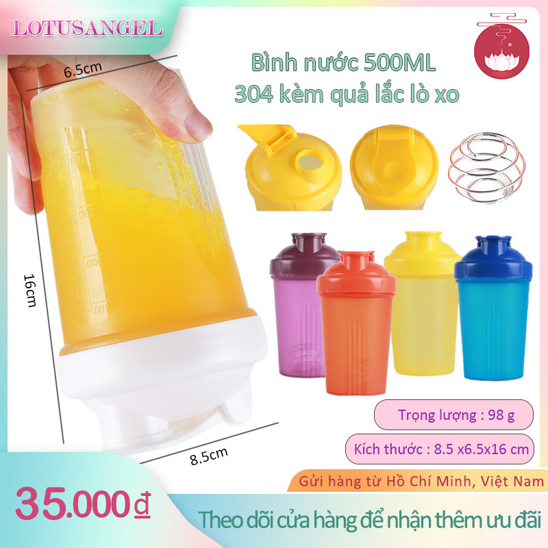 Bình nước, bình lắc, shaker thể thao, tập gym 500ml có quả lắc lò xo