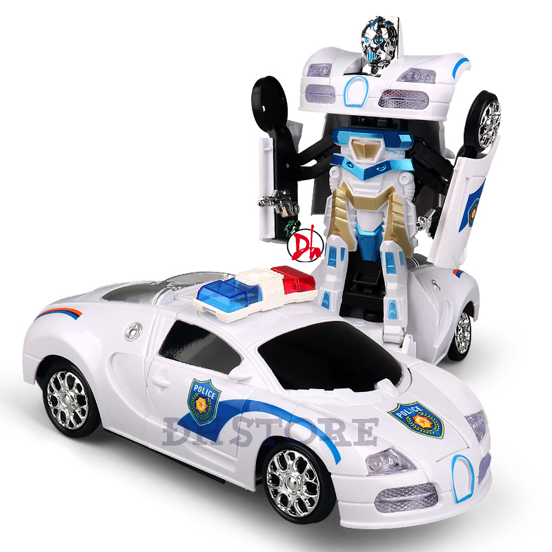 Xe cảnh sát chạy pin biến hình robot có nhạc cho bé