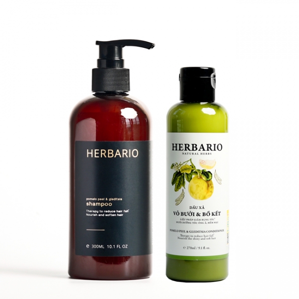 1 chai dầu gội bưởi & bồ kết herbario 300ml + 1 chai dầu xả vỏ bưởi & bồ kết herbario 270 ml + 1 chai xịt dưỡng tóc vỏ bưởi & bồ kết herbario 100 ml