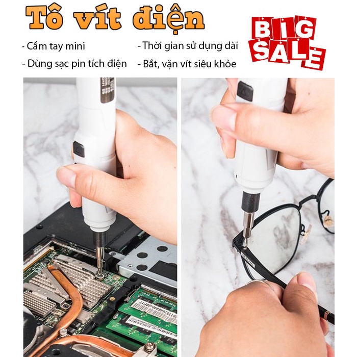 Tuốc Nơ Vít Điện, Máy vặn vít (siết, bắt, bắn) ốc đinh pin sạc cầm tay (Tô vít, tua vít điện điện thoại) Máy Khoan Pin Không Dây USB Với Bộ Mũi Khoan Linh Hoạt Trục Bộ Tua Vít Công Cụ Điện sửa máy tính laptop, Rc, tivi