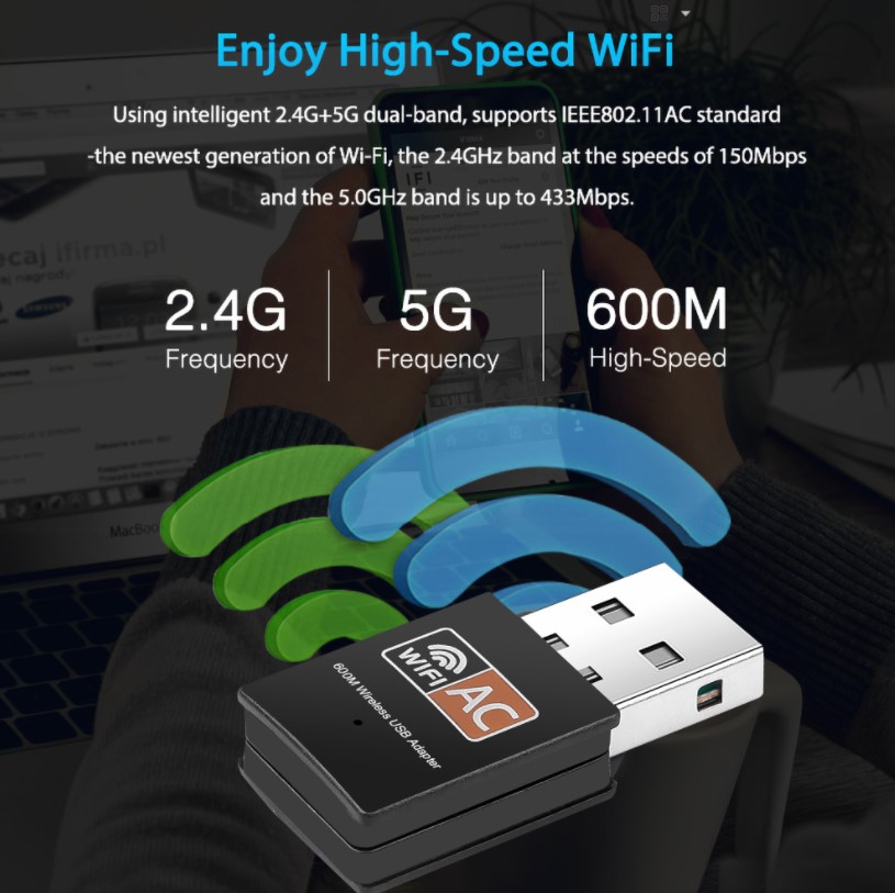 USB thu sóng wifi băng tần kép không dây 600Mbps - Thu sóng WiFi 5G hz cho PC máy bàn Laptop, thay thế card WIFI