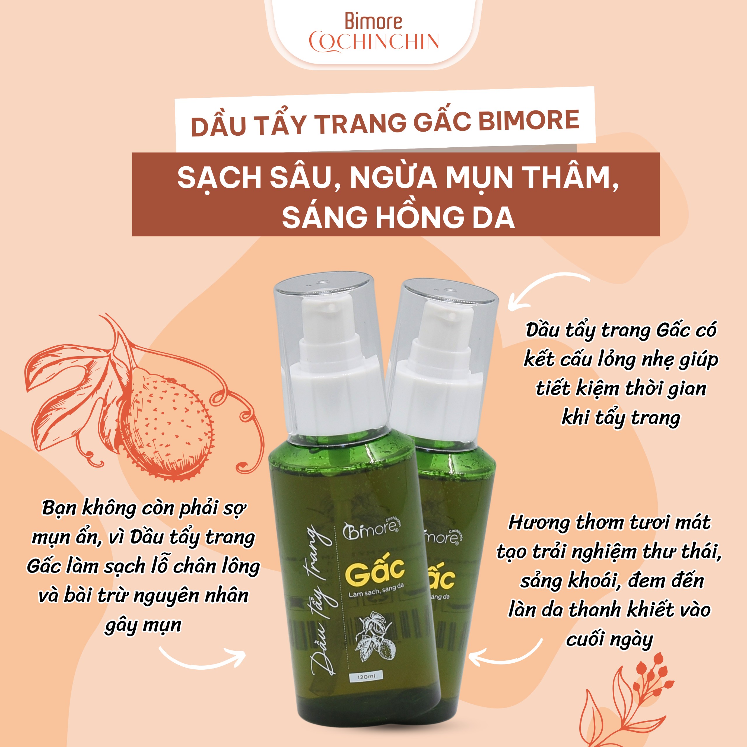Dầu tẩy trang Gấc Bimore sạch sâu ngừa mụn thâm sáng hồng da _120ML