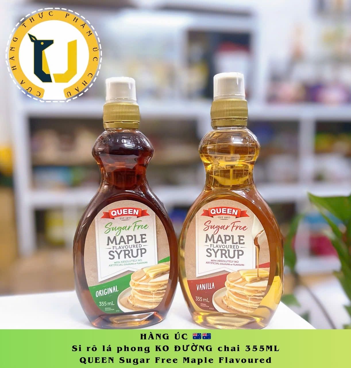 (HÀNG ÚC) Siro lá phong KO ĐƯỜNG QUEEN Sugar Free MAPLE Flavoured Syrup chai 355ML