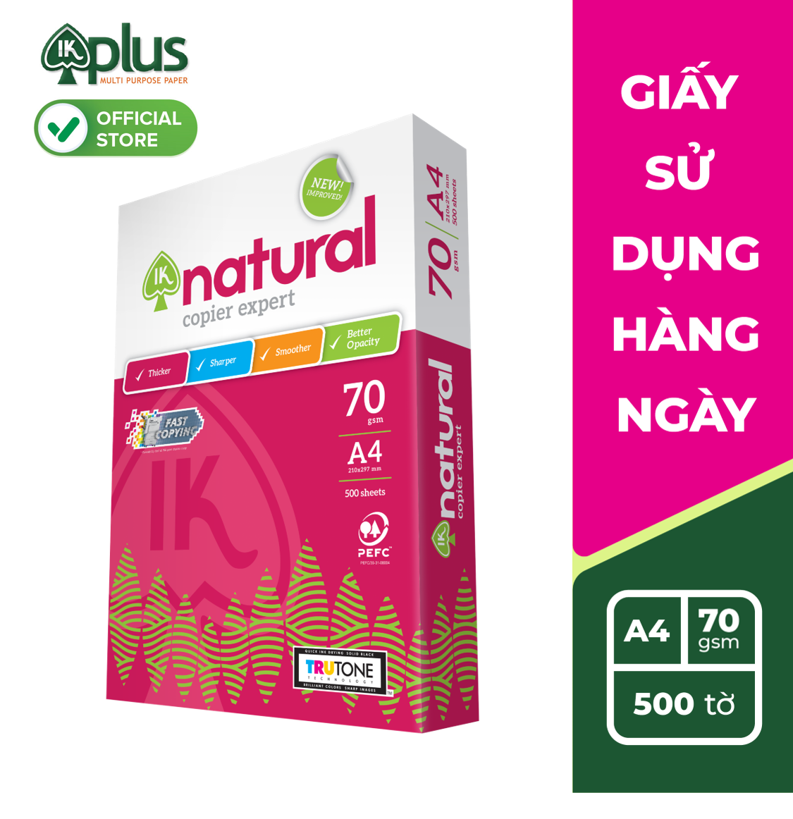 Giấy IK Natural A4 70gsm - Giấy photo, giấy in văn phòng, giấy vẽ - Hàng chính hãng