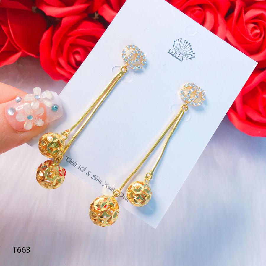 Bông tai nữ khuyên tai dáng dài kim tiền đính đá cao cấp Orin T663 - Long Tien