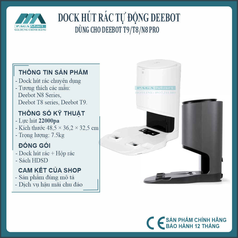 Dock hút rác hút rác Deebot T9, Dock sạc và hút rác tự động dành cho Deebot OZMO T8/T8 AIVI T9 T9 AIVI N8 Pro chính hãng.