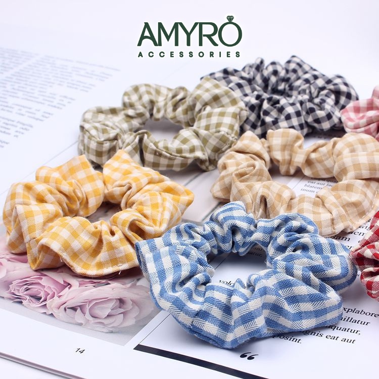 Dây buộc tóc vải satin họa tiết ca rô thời trang - dây cột tóc scrunchies nhiều màu dễ thương amyro d26