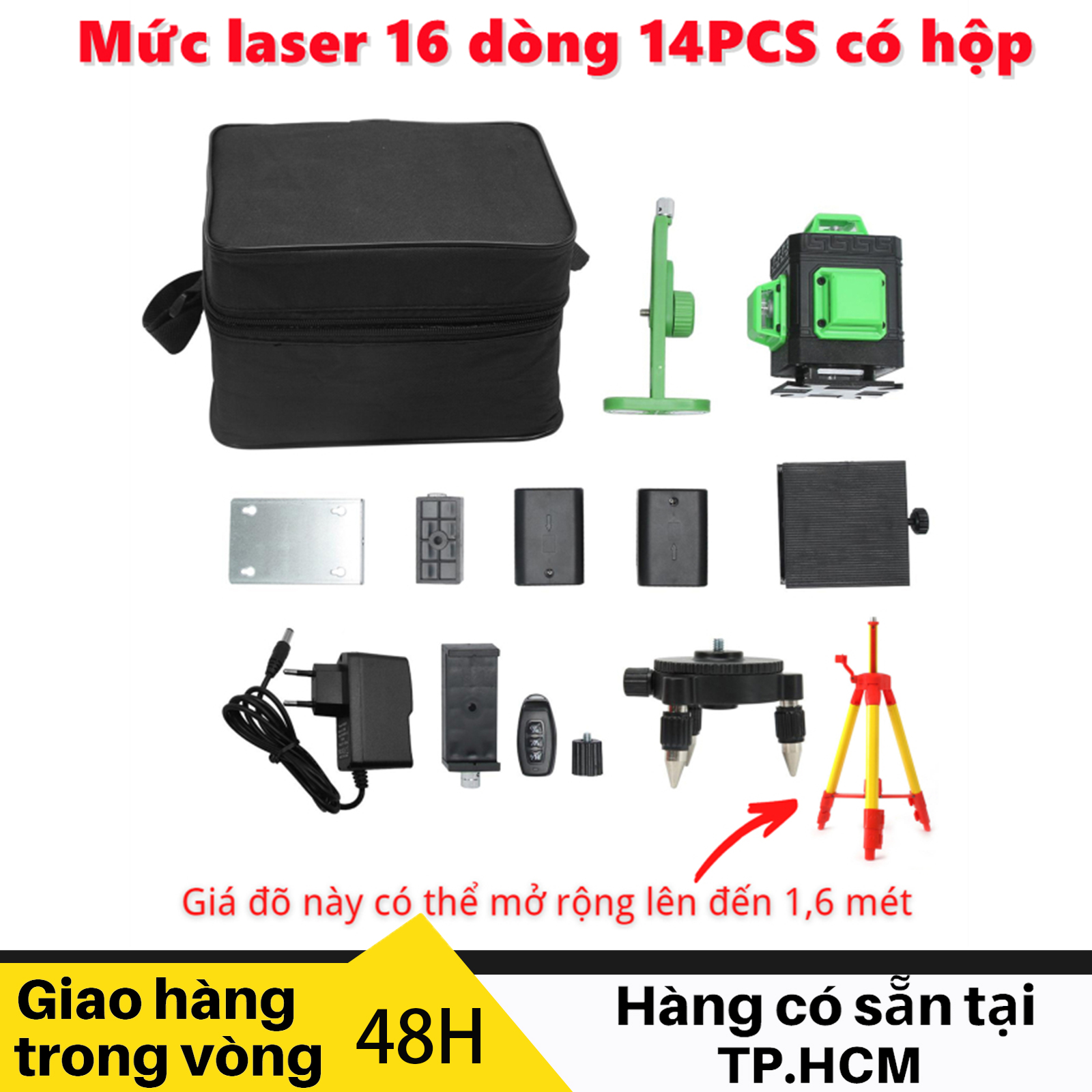 Máy cân mực Laser 16 tia - quay 360 độ có điều khiển từ xa -tặng bộ từ hít treo tường có chân đế