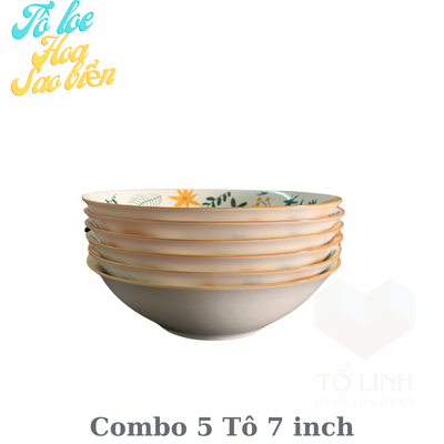 Combo 5 tô gốm sứ loe hoa văn cao cấp, tô gốm sứ hoa văn 7 inch