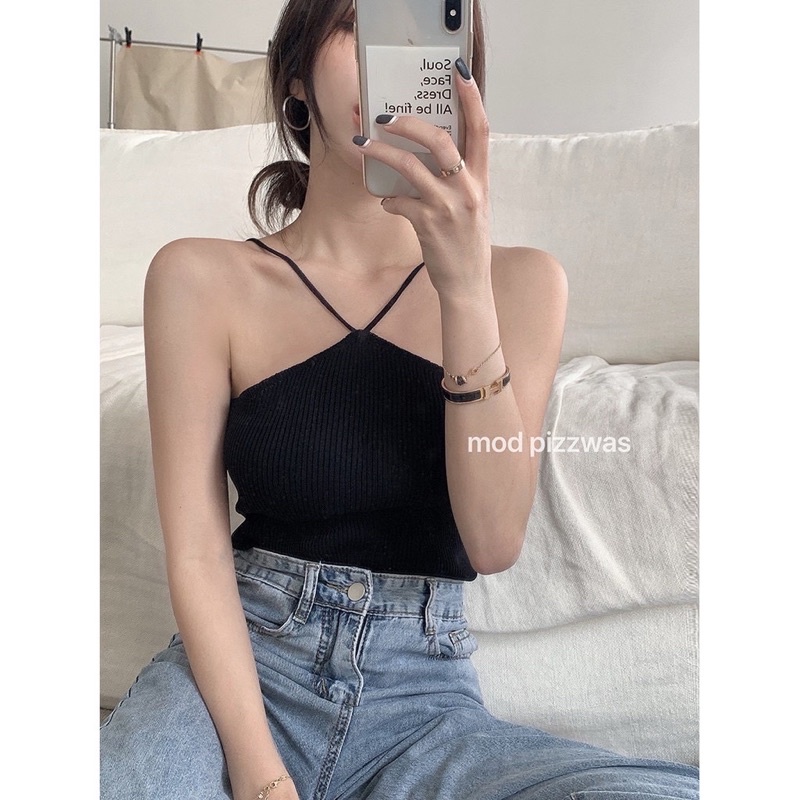 Áo kiểu cổ yếm ôm body chất vải thun gân phối 2 dây sexy, free size dưới 55kg