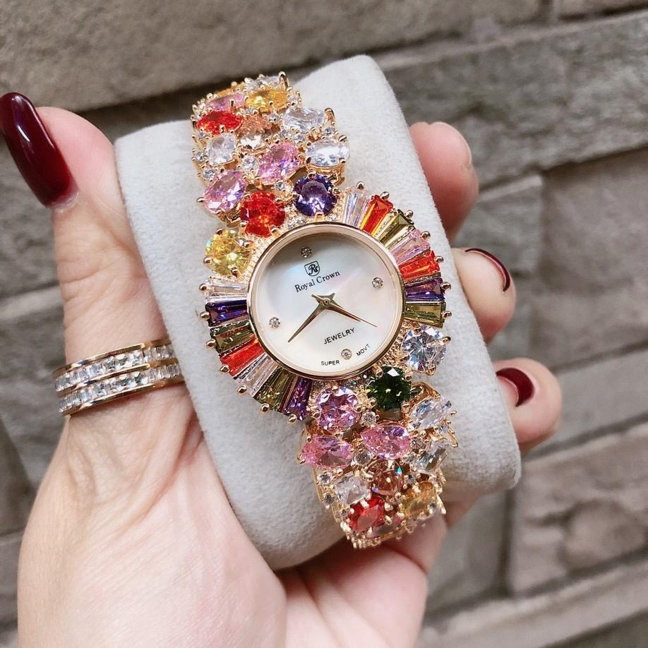 [HCM]Đồng Hồ Royal Crown Nữ Đá Màu Vỏ Vàng 34mm Chính Hãng