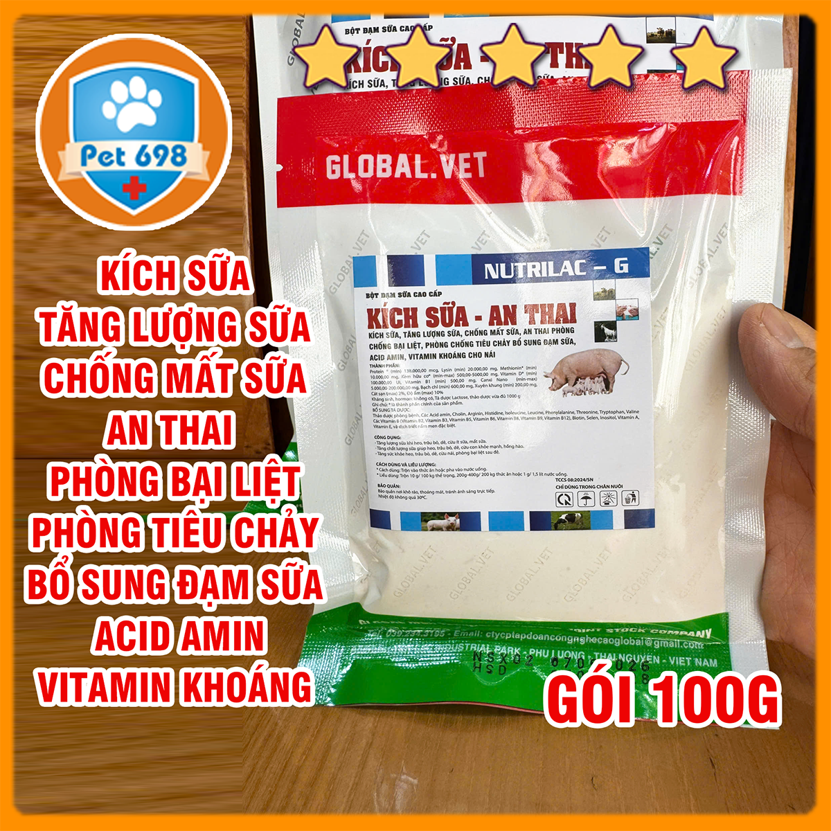 Kich sữa an thai NUTRI-LAC G gói 100g cho heo nái mang thai, cho con bú, vật nuôi sinh sản đang nuôi con