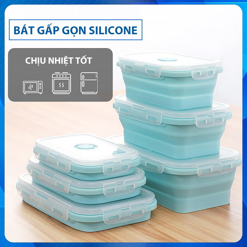 Hộp đựng thực phẩm, Bộ 4 bát nhựa gấp gọn chịu nhiệt độ cao, Hộp đựng cơm, bát silicon gấp gọn đi du lịch tiện lợi