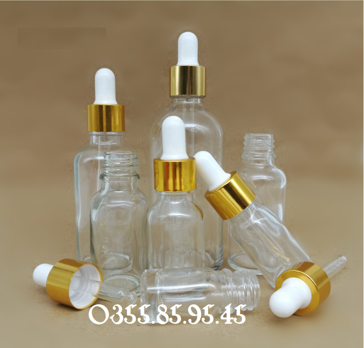 10 Chai thủy tinh chiết serum, tinh dầu thân TRONG nắp bóp vàng 5ml 10ml 15ml 20ml 30ml 50ml 100ml, chai đựng tinh dầu, lọ chiết mỹ phẩm du lịch