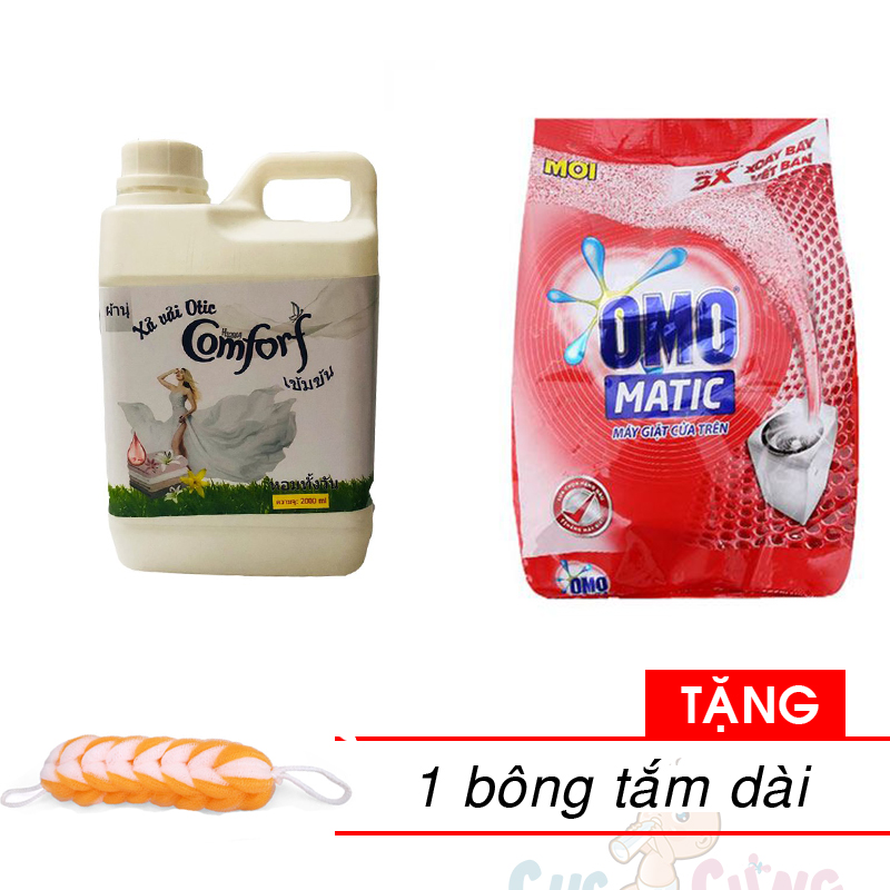 SET Nước xả vải hương Comfort Thái Lan 2000ml MÀU TRẮNG + Bột giặt OMO MATIC 6kg cho máy giặt cửa trên Tặng 1 bông tắm màu ngẫu nhiên