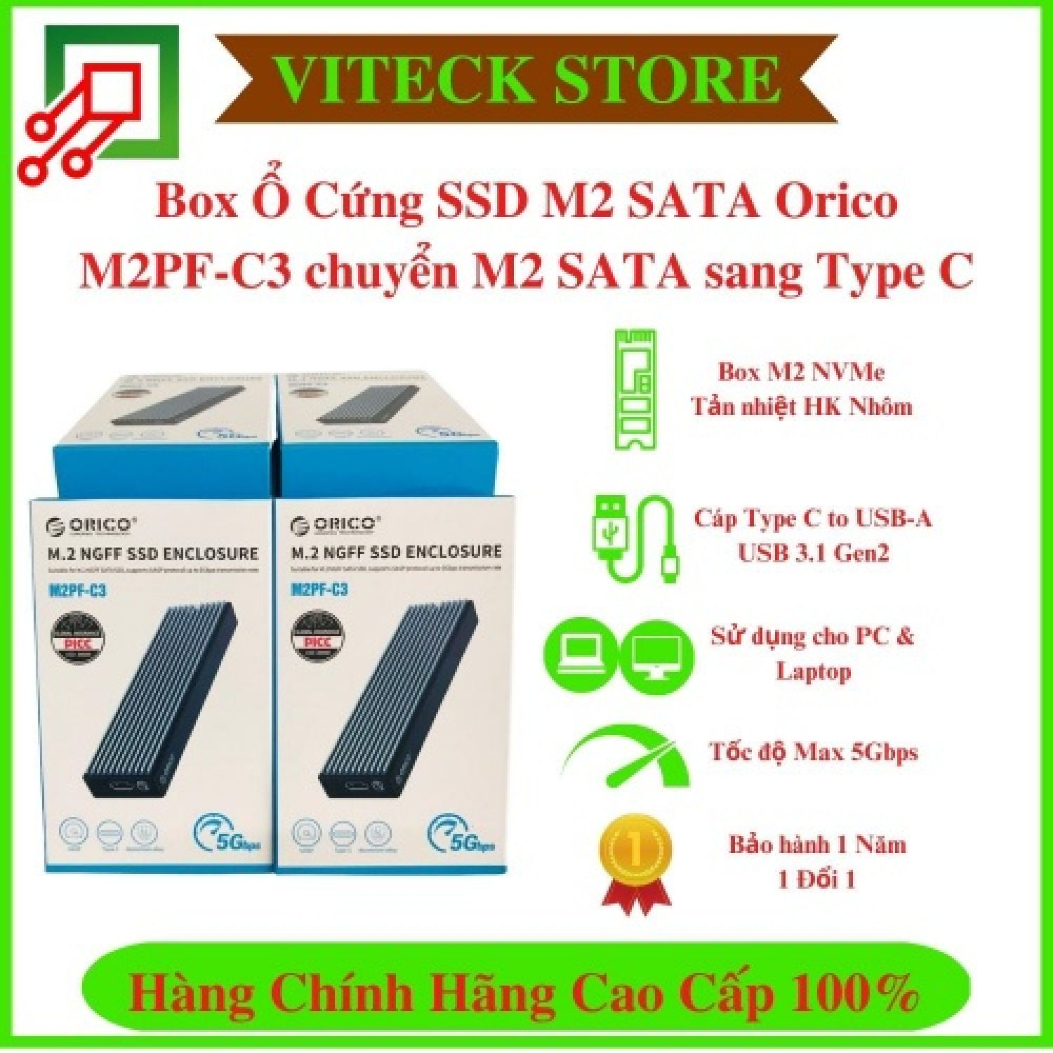 Box Ổ Cứng SSD M2 SATA Orico M2PF-C3 chuyển M2 SATA to Type C