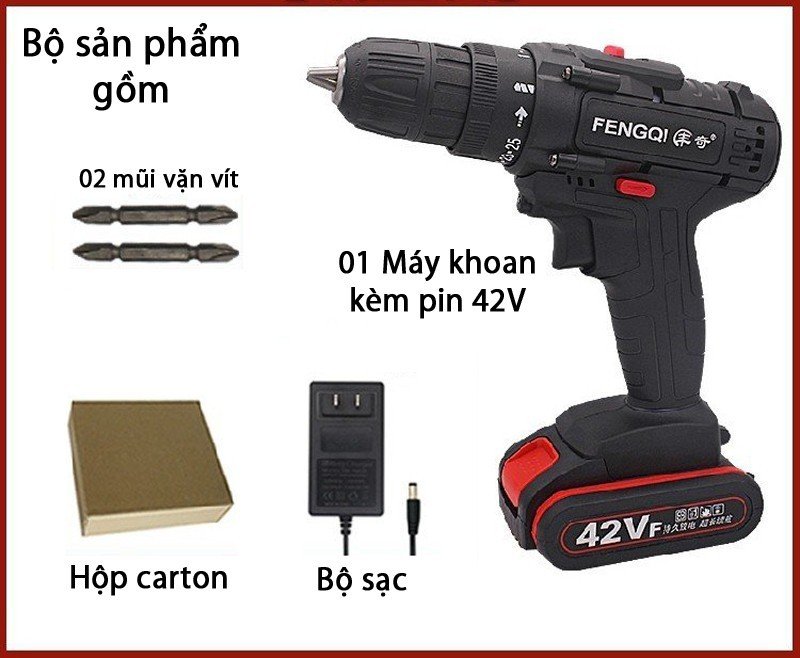 [Có video thực tế ] Bộ Máy khoan cầm tay vặn vít không dây 42V đảo chiều 02 tốc độ ,  Sử dụng pin Lithium sạc siêu nhanh - Máy có đèn chiếu  - Kèm đốc sạc