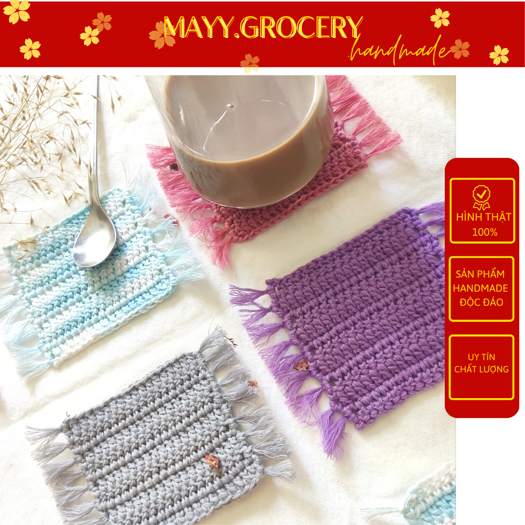 Đế lót cốc, miếng lót ly thấm nước hình vuông phong cách cổ điển vintage handmade từ len