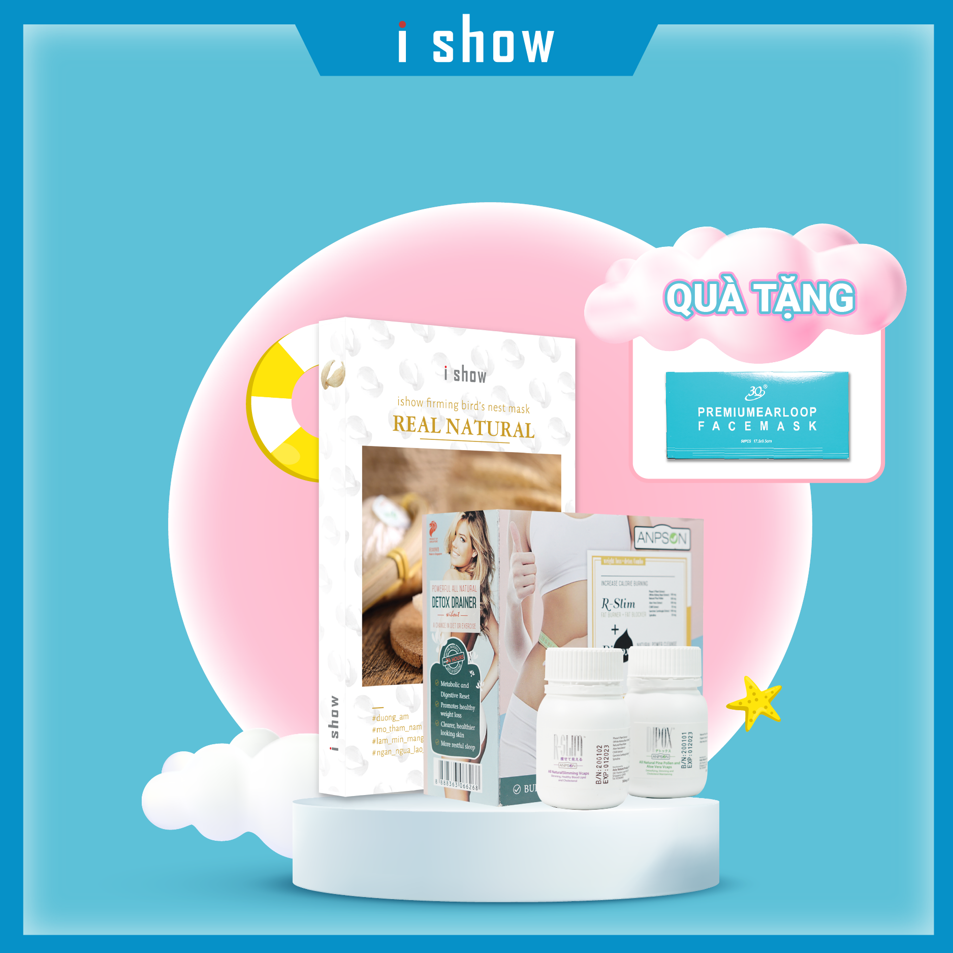 Combo Viên uống giải độc cơ thể & hỗ trợ giảm cân Dipox+Rslim + Mặt nạ tổ yến dưỡng trắng da & ngăn ngừa lão hóa Ishow - Tặng khẩu trang 3 lớp