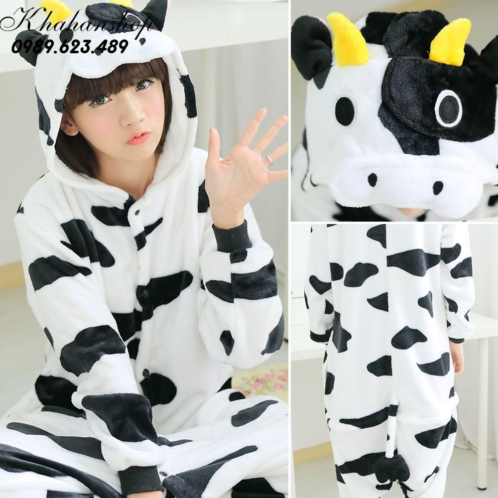 Bộ đồ ngủ hình thú bò sữa liền thân lông mịn Pijama Động Vật Hoạt Hình cho trẻ em người lớn Cosplay nhimshop 1907