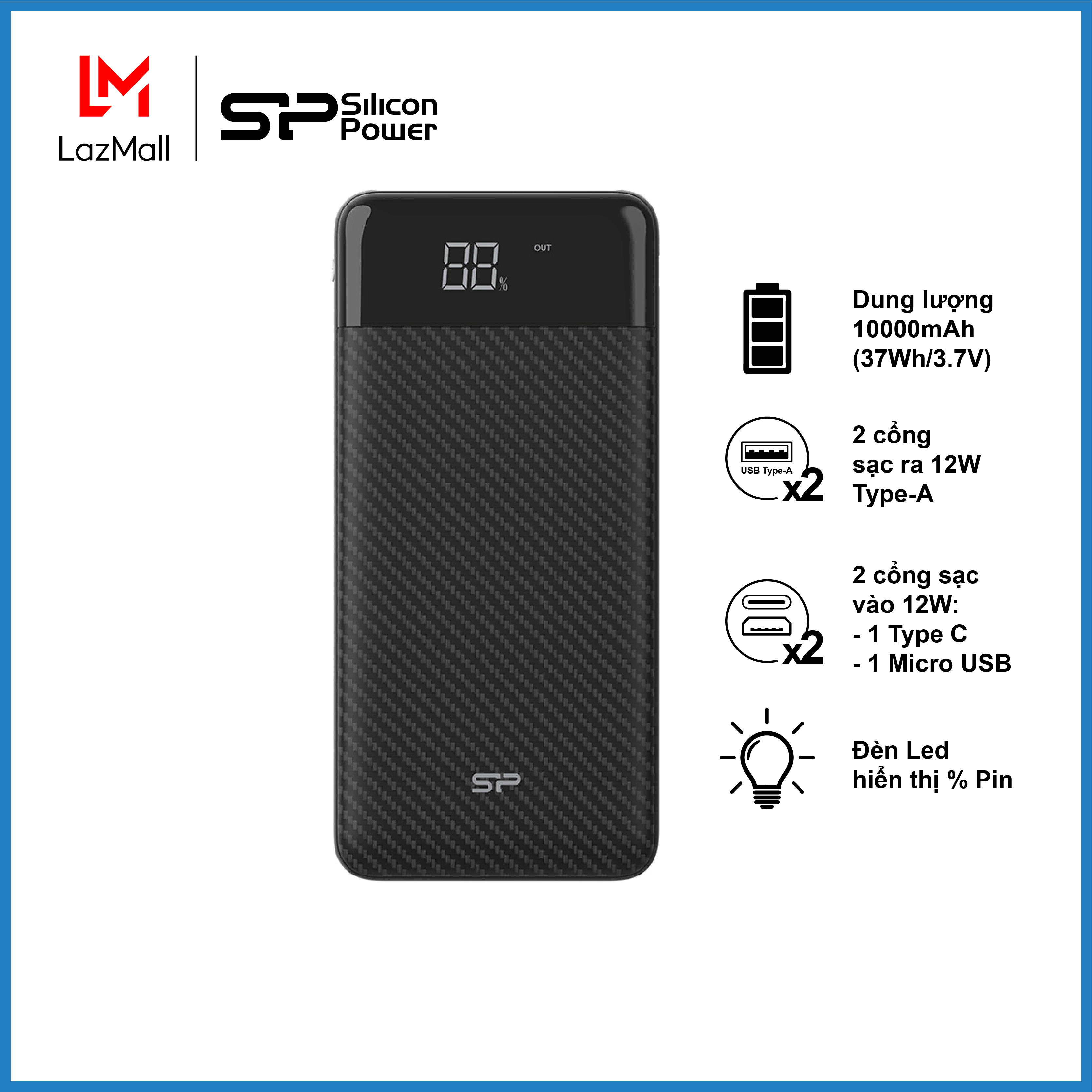 Pin sạc dự phòng Silicon Power - GP28 10.000mAh - Thiết kế mỏng, vỏ carbon - Hàng chính hãng. Bảo hành 12 tháng