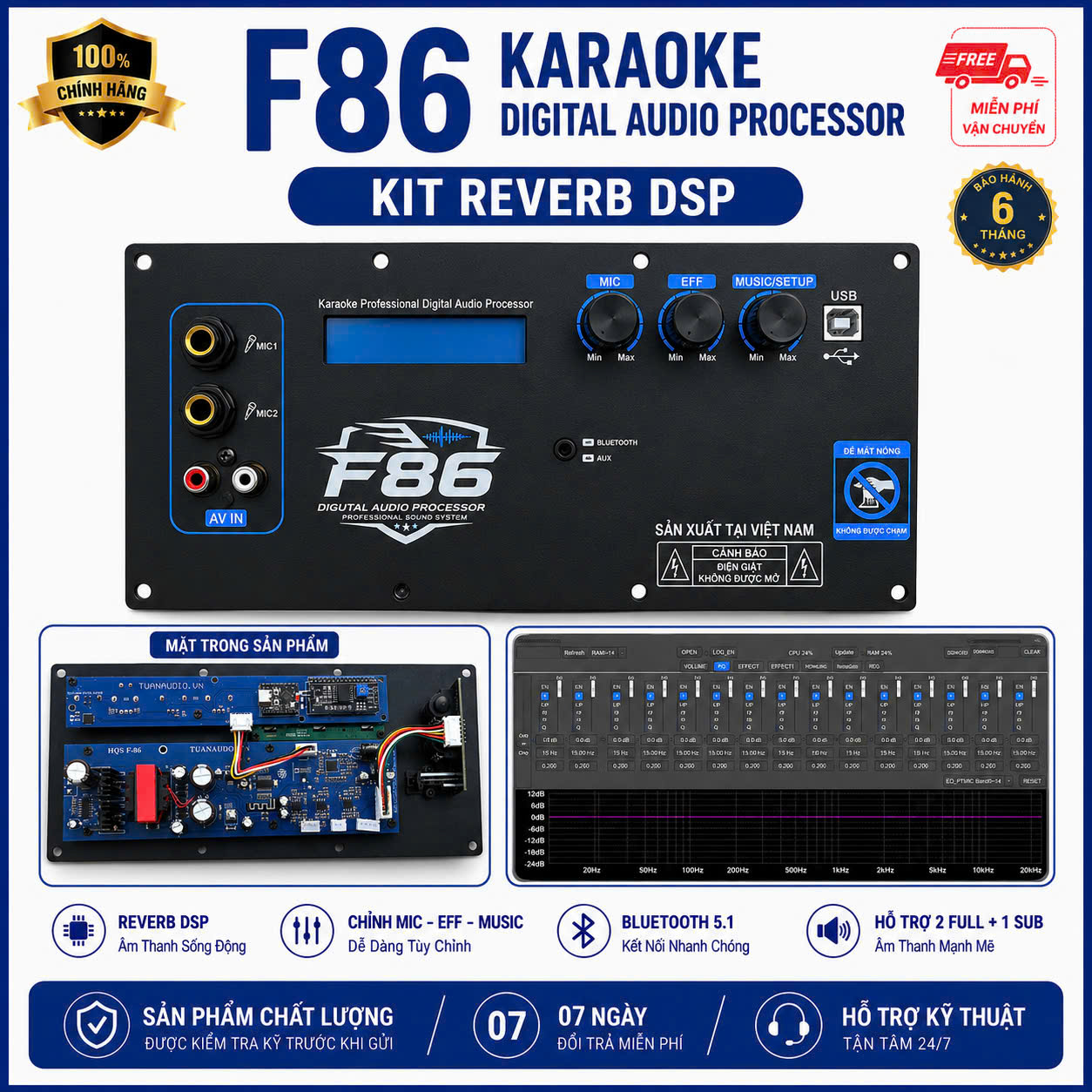 F86 Karaoke Digital Audio Processor Kit Reverb DSP - Thiết bị xử lý âm thanh chuyên nghiệp - Bluetooth 5.1 - Hiệu ứng âm thanh - 07 ngày giao hàng miễn phí - Sản xuất tại Việt Nam
