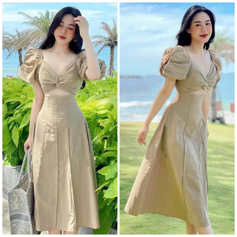 Đầm kem xoắn ngực cut-out
