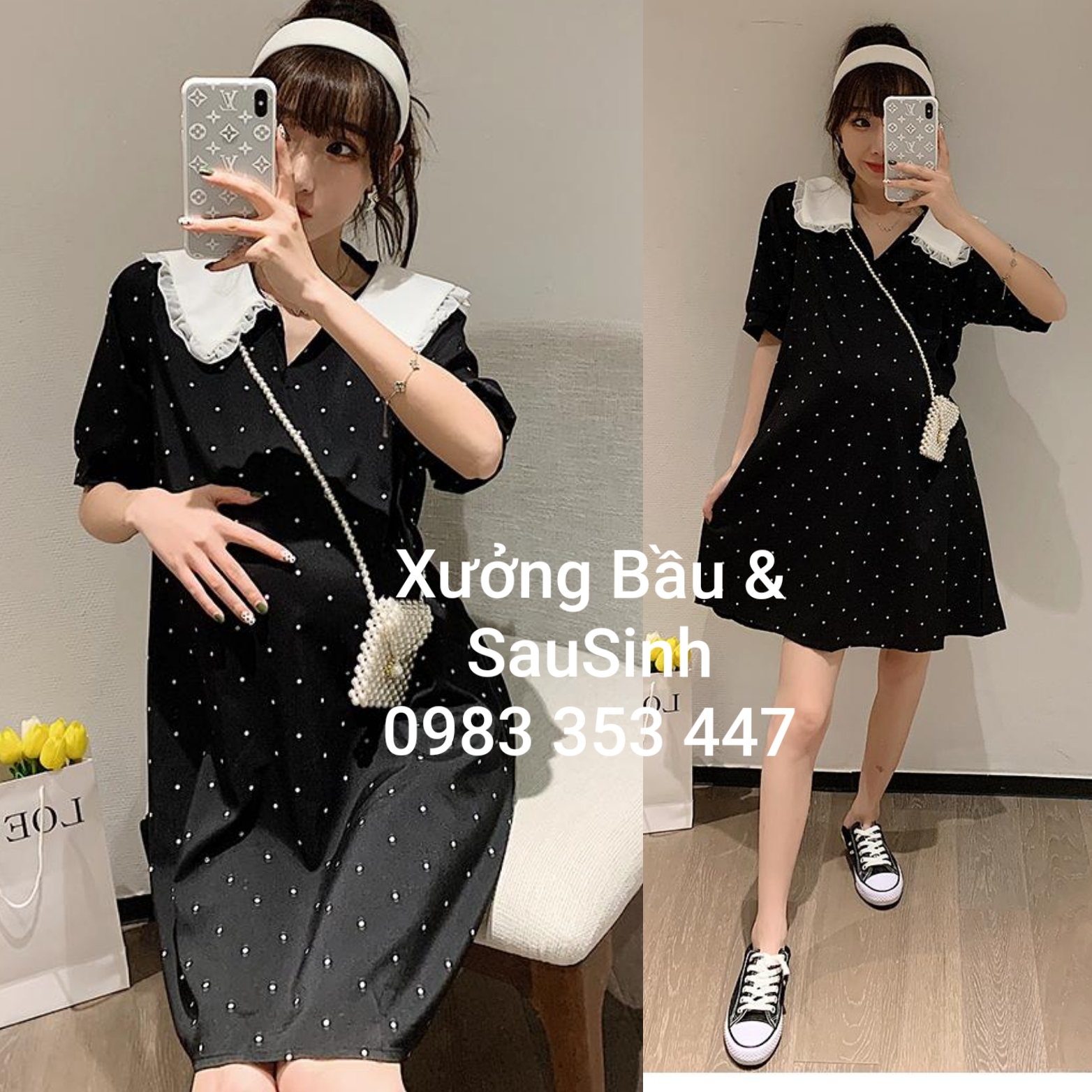 Đầm bầu suông cổ bèo chấm bi thoáng mát onesize VM6623