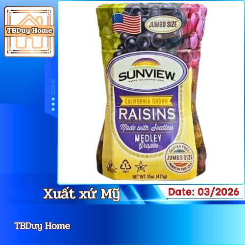 Nho khô không hạt Mỹ Sunview Raisins Seedless Medley 425g/hộp