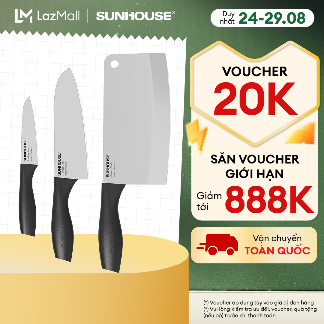 Bộ dao 3 chiếc Eco Family Sunhouse KS-KN3E1- Lưỡi dao cứng cáp, siêu bền làm từ thép không gỉ SUS420J2-  Hàng chính hãng