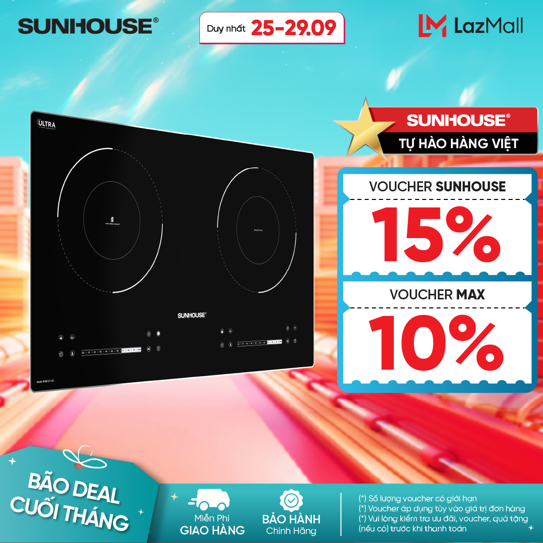 Bếp Đôi Điện Từ Hồng Ngoại Sunhouse SHB81011-EC - Tiết kiệm điện - Dùng cho mọi loại nồi chảo - Bảo hành 36 tháng toàn quốc