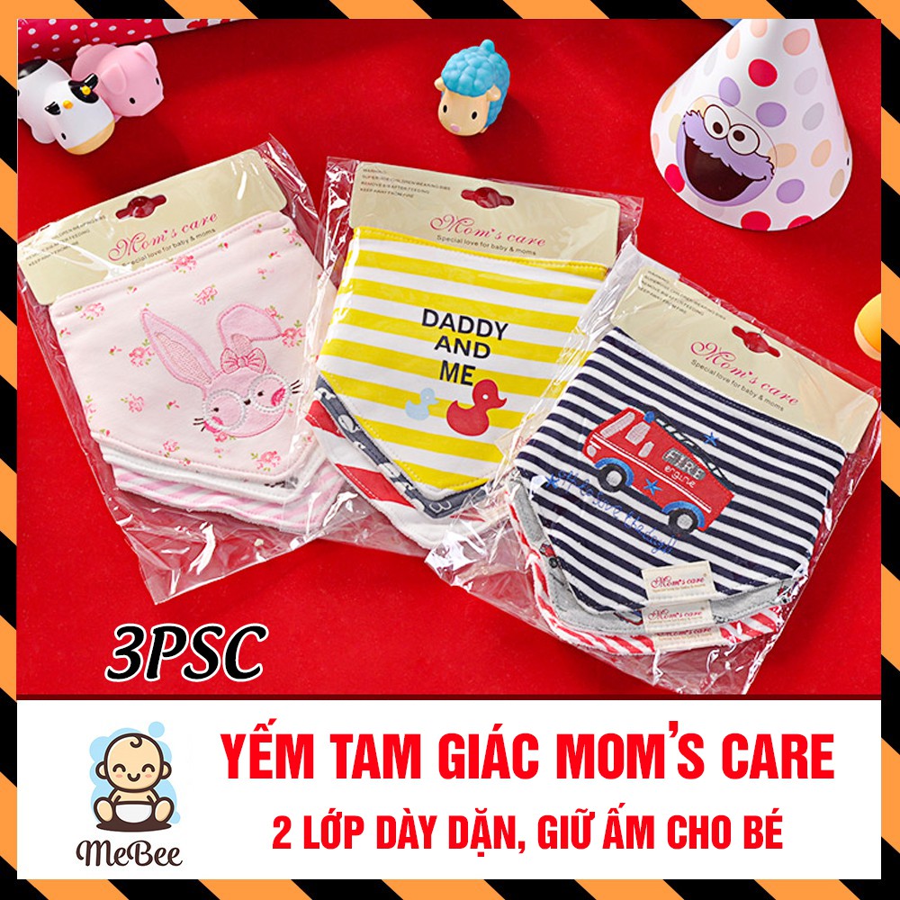 Set 3 Khăn yếm tam giác Mom's Care 2 lớp dày dặn, có cúc bấm tiện lợi cho bé
