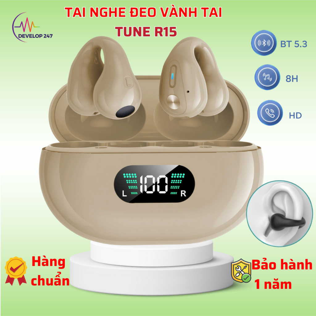 Tai Nghe Bluetooth TUNE R15 Bluetooth 5.3 Pin trâu thiết kế đeo vành tai phong cách mới đeo lâu không đau chơi game nghe gọi không bị delay thích hợp mọi loại máy.