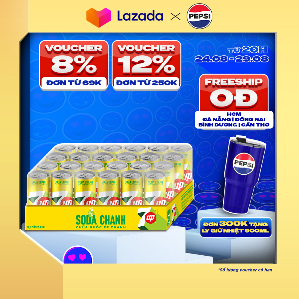 Thùng 24 lon nước uống có gaz 7up soda chanh không calo