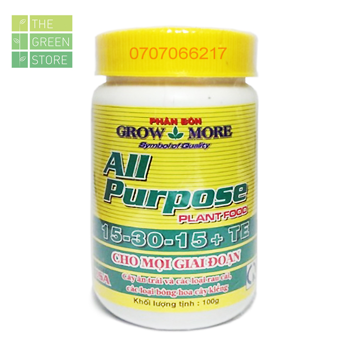 Phân bón Grow More NPK 15-30-15 (100g) kích sinh trưởng, rễ khỏe, lá xanh dày, ra hoa nhiều cho hoa lan, hoa hồng, mai vàng, hoa cây cảnh, rau sạch, cây ăn trái