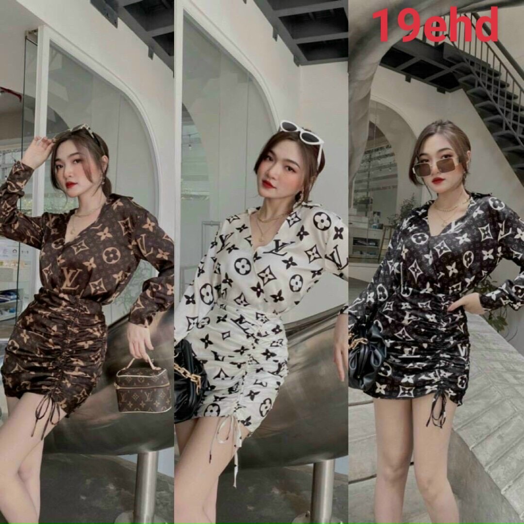 Đầm sơ mi hoạ tiết tay dài rút dây cực cá tính cài nút thật