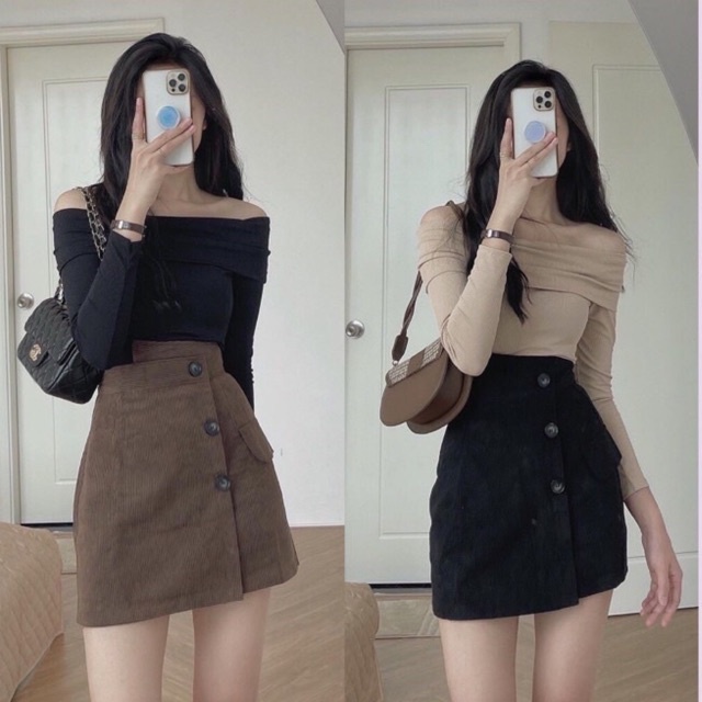 Chân váy A chất nhung, cách điệu 3 khuy cá tính
