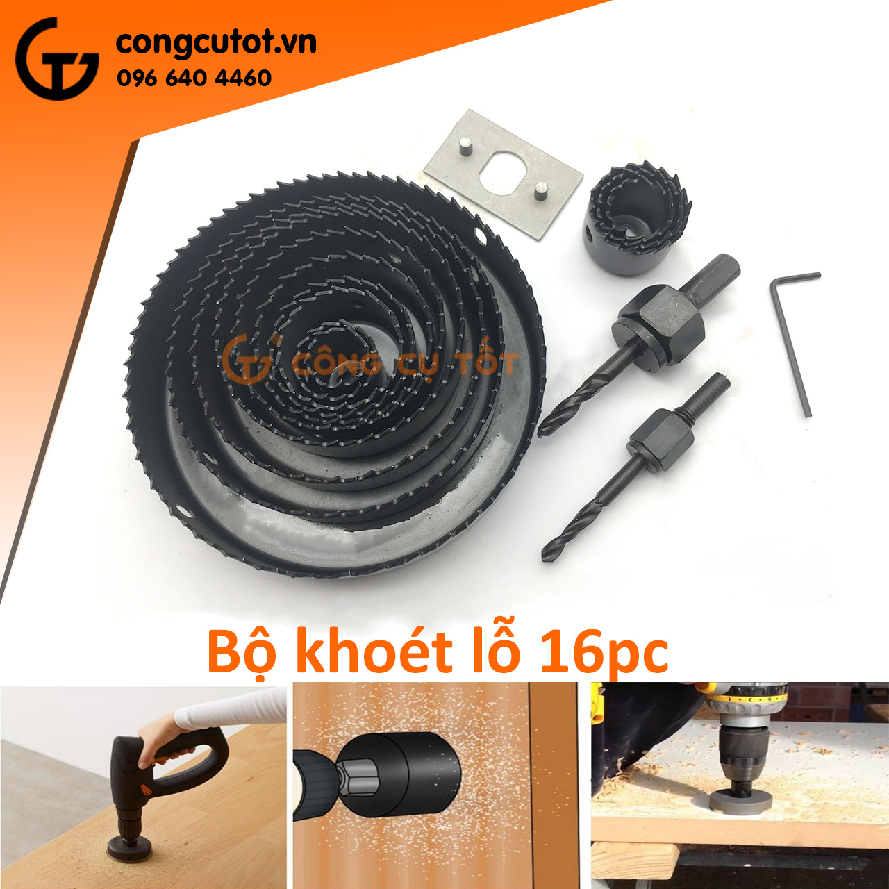Mũi khoan đục gỗ - Bộ khoét lỗ tròn 16 chi tiết 19-127mm Mũi khoét được làm từ hợp kim thép Cacbon cao Lưỡi khoét có răng sắc, nhọn, giúp tiết kiệm thời gian khoét, vết khoét đẹp