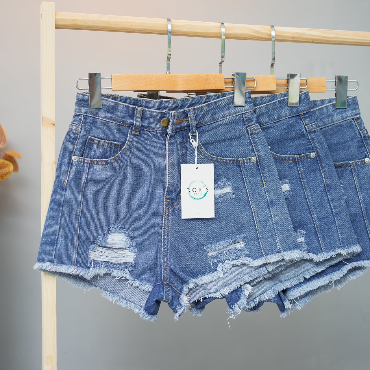 [HCM]Quần short jean nữ lưng cao phối rách denim cotton rin ngắn phối rách Luxy House - AT73