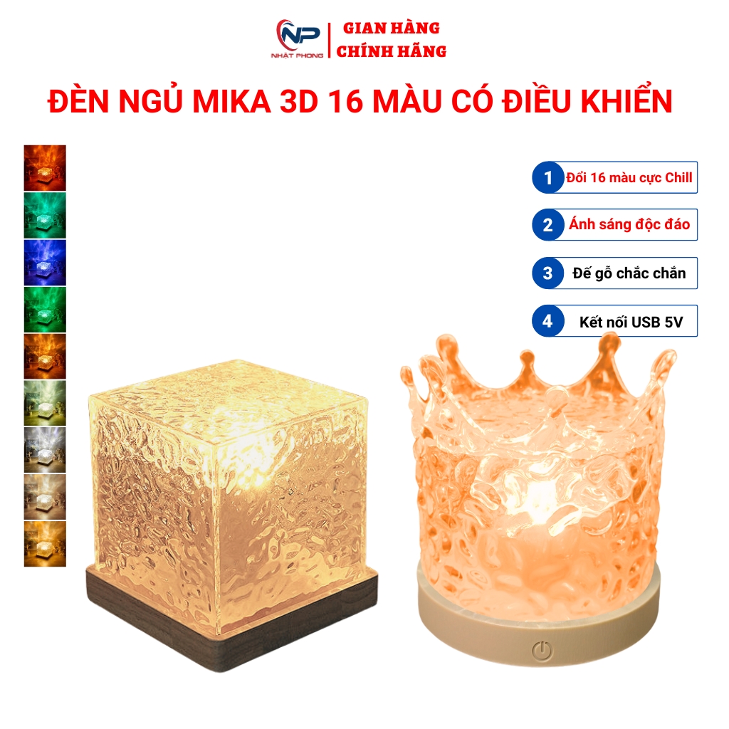 Đèn ngủ để bàn NHẬT PHONG, đèn led MIKA 3D chiếu hình sóng nước cực chill, có điều khiển 16 màu trang trí decor phòng, trang trí noel, trang trí tết 2024